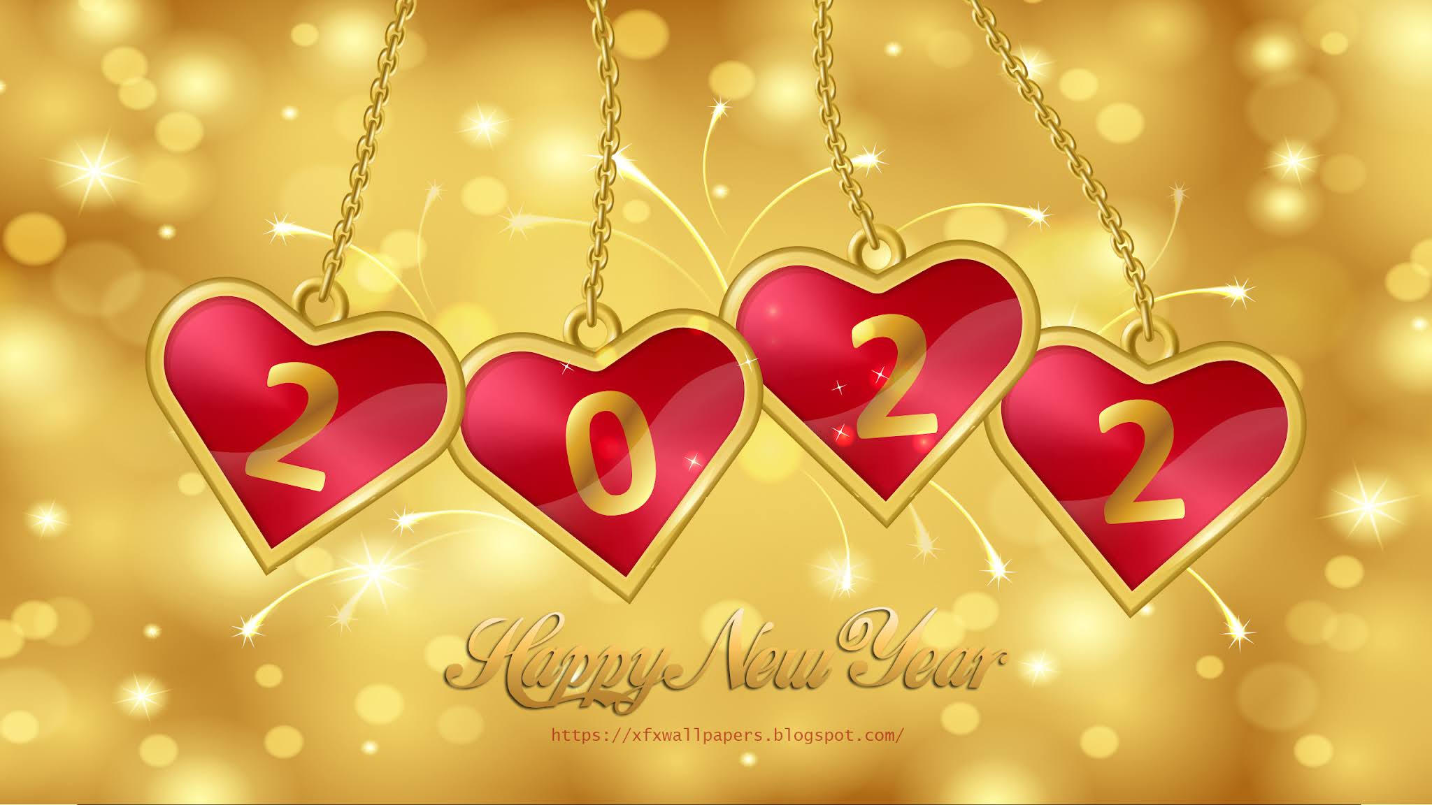 2022 New Year Hearts Golden Background Wallpaper