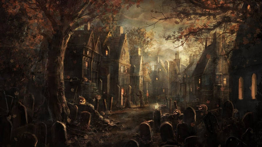 Download Halloween Graveyard Town Wallpaper