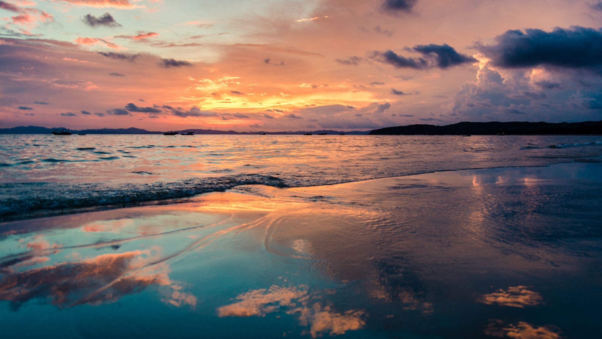 Download sunset ocean beach sky clouds 4k Wallpaper